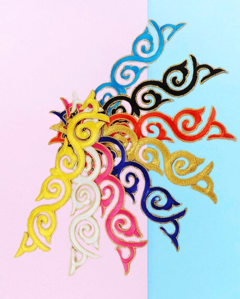 MSCFTFB 10 Pieces Swirl Embroidered Applique with Gold Trimming Scroll Iron on Patch Vine Border Lace Fringe Edge for Medieval Costume Wedding Dress Pillow Sewing Accessories (Yellow) - Image 3